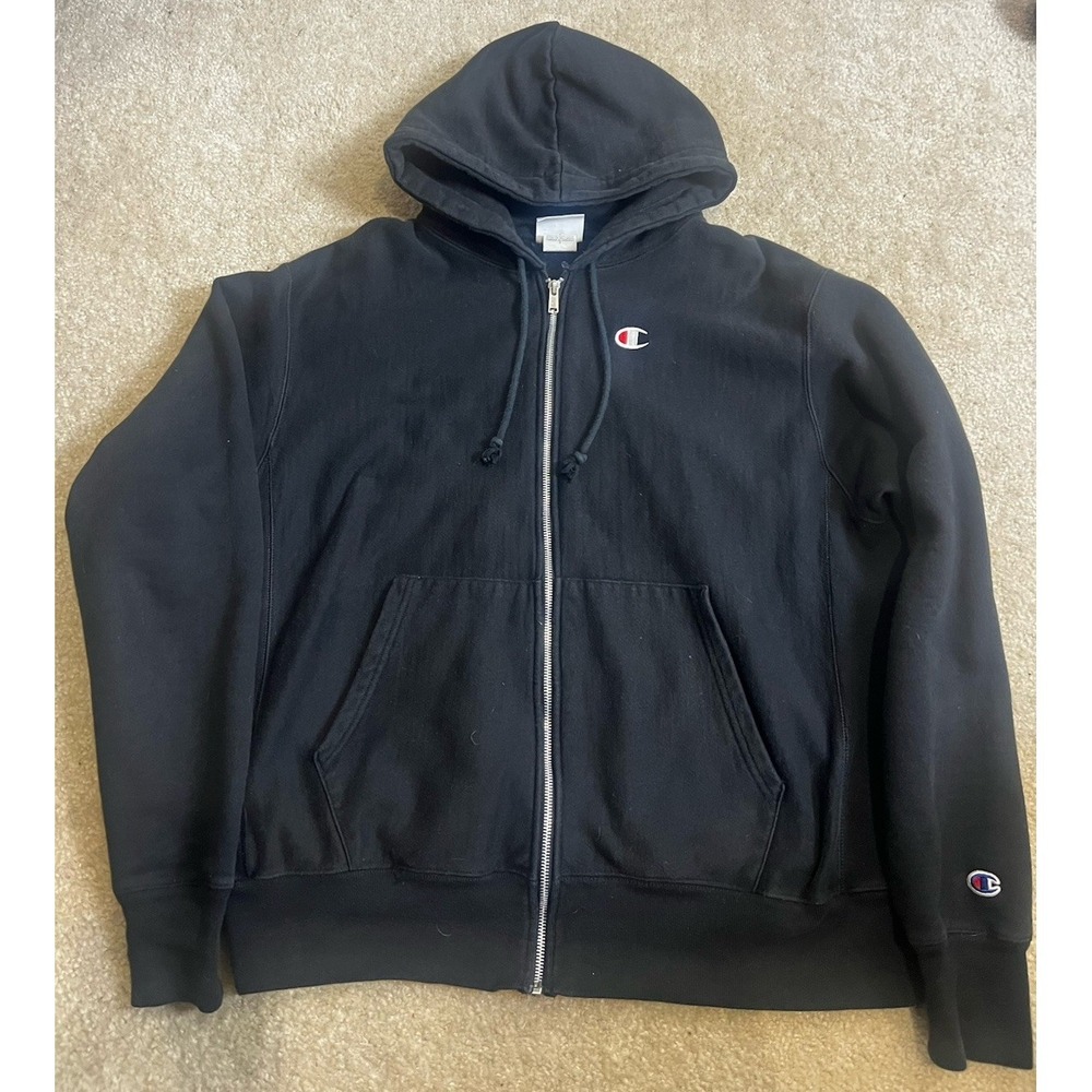 Vintage 90s Black Blank‎ champion Reverse Weave Hoodie Rare Logo Large Full Zip